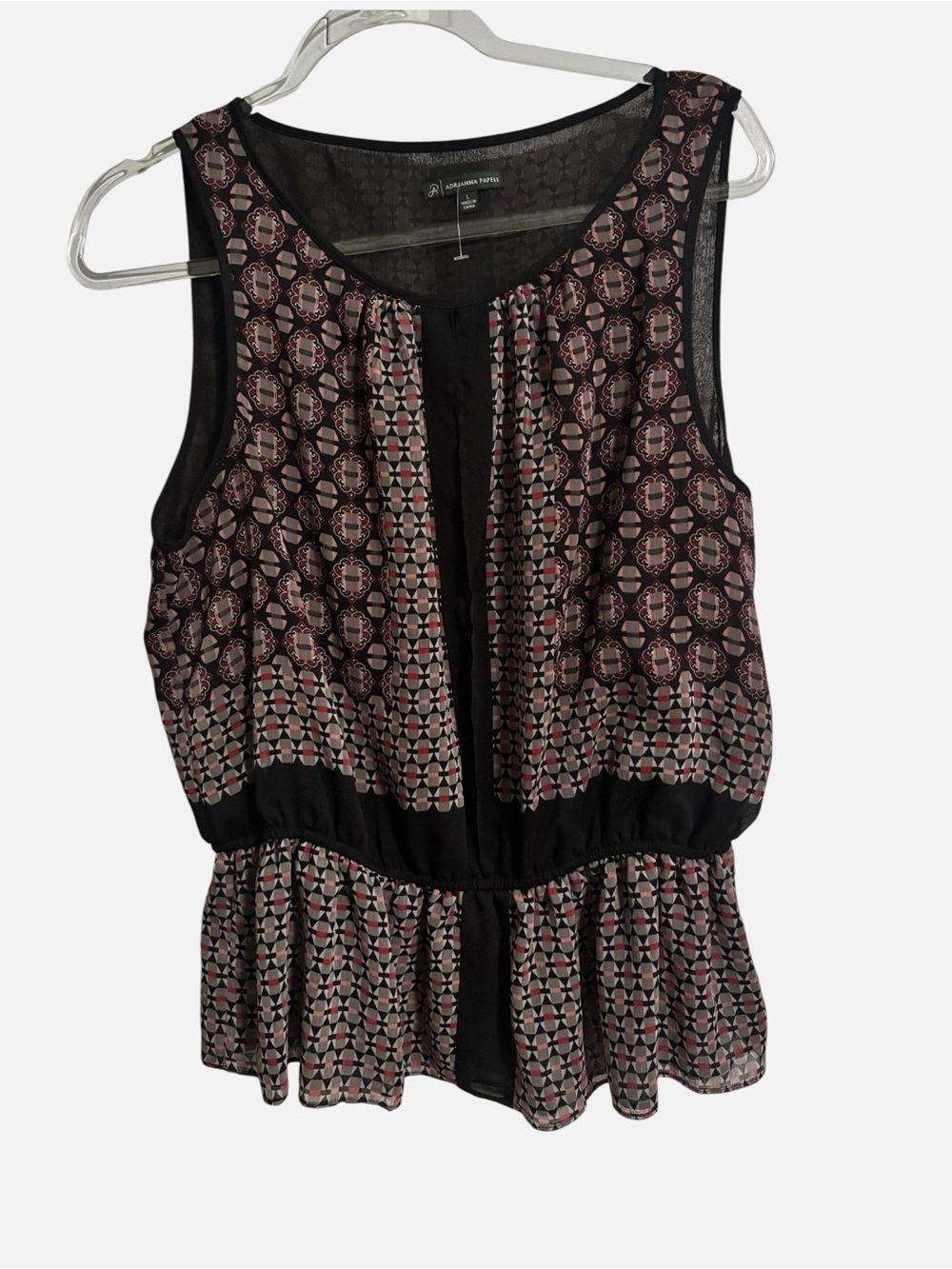 Adrianna Papell Black and Pink Sleeveless Patterned Peplum Camisole
